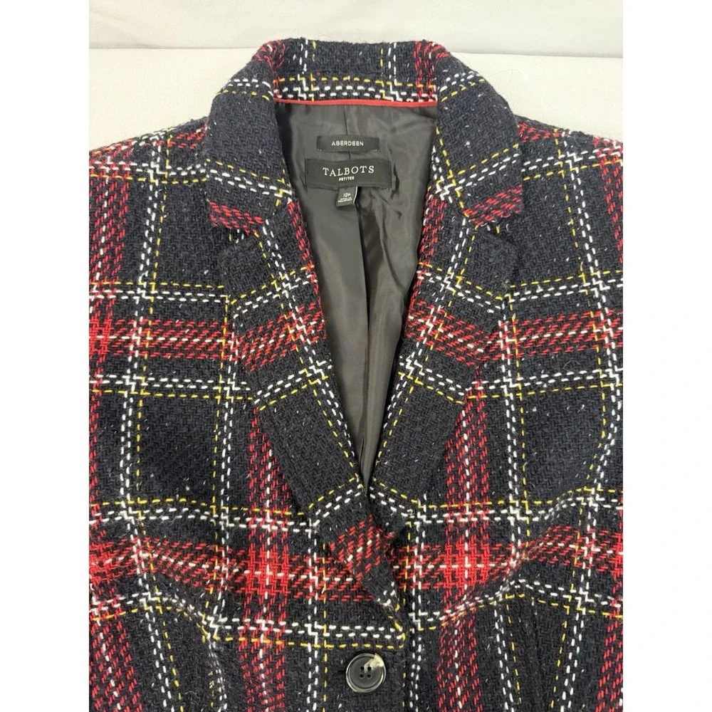 Talbots Aberdeen Plaid Tweed Wool Blend Black‎ Red Blazer Womens Size 12P Petite